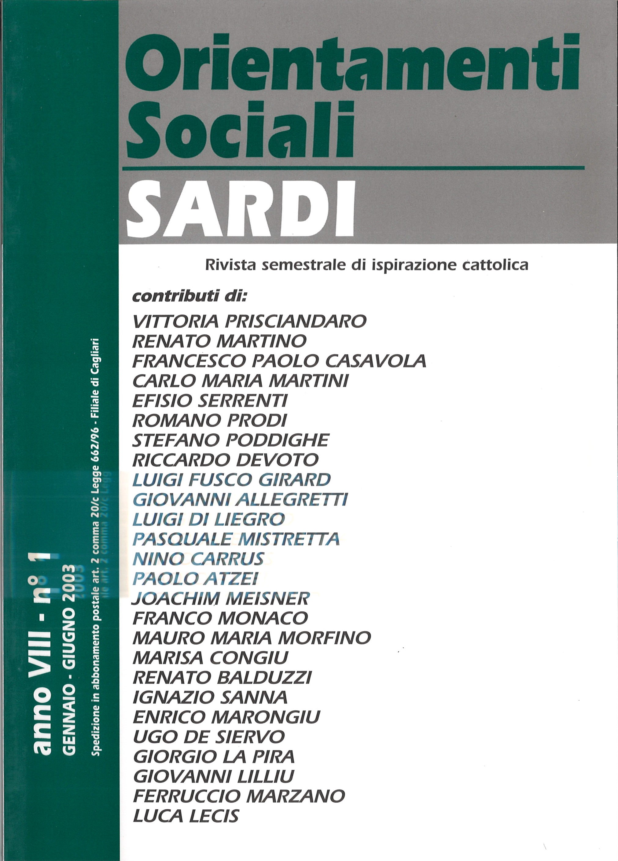Orientamenti Sociali / Sardi / luglio – dicembre 2003 / Anno VIII – n° 1 /