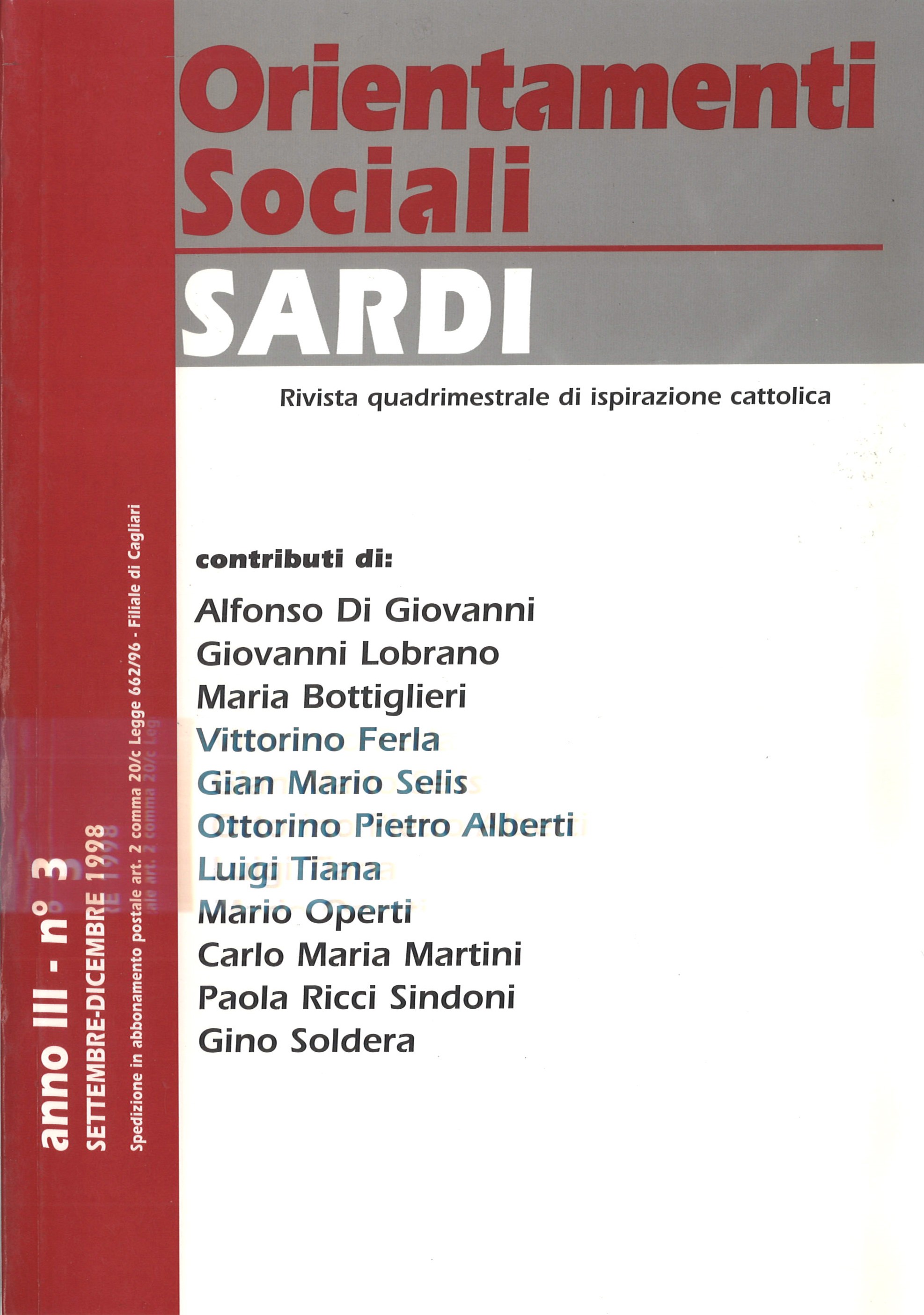 Orientamenti Sociali / Sardi / settembre – dicembre 1998 / anno III – n° 3