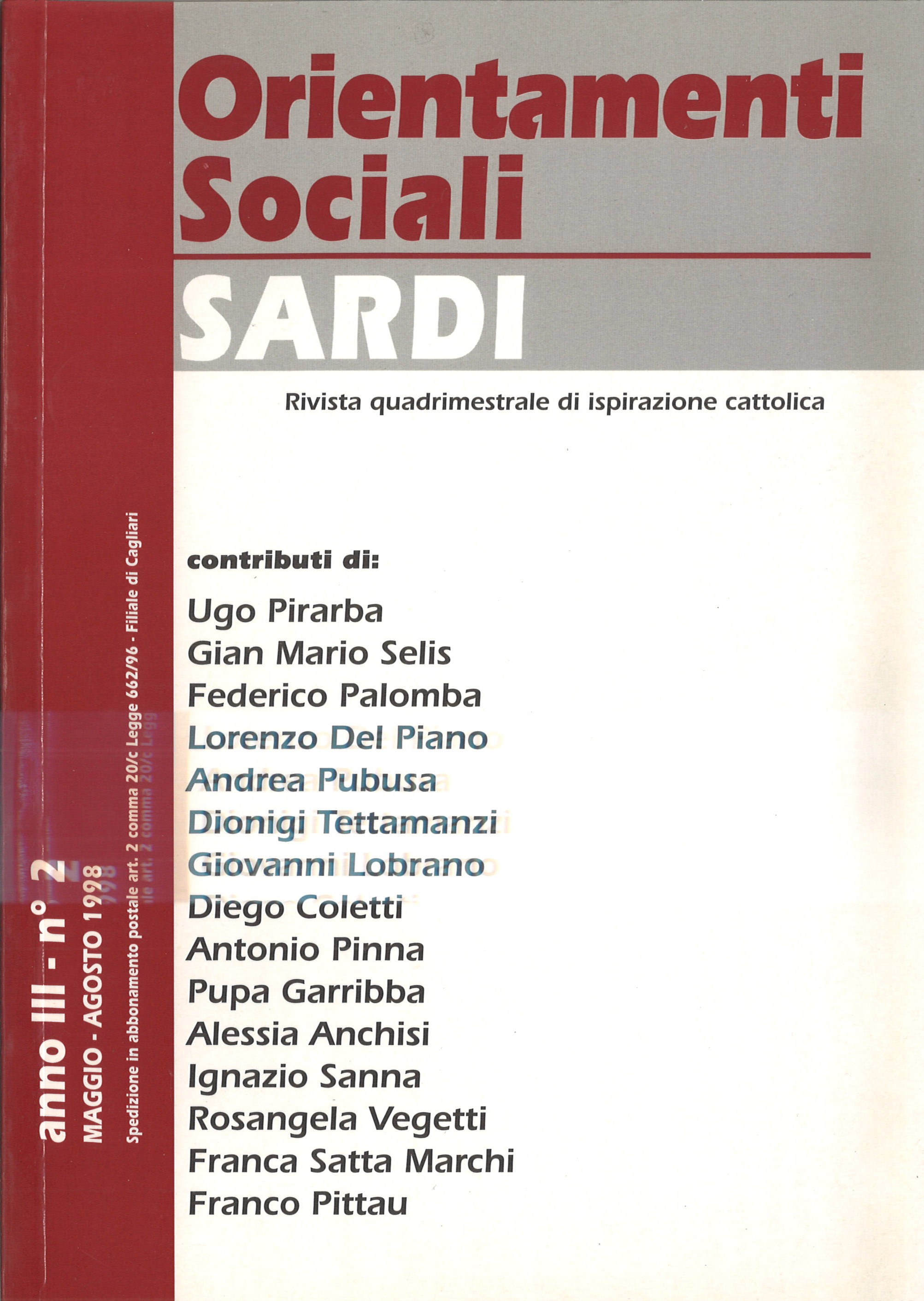Orientamenti Sociali / Sardi / maggio – agosto 1998 / anno III – n° 2