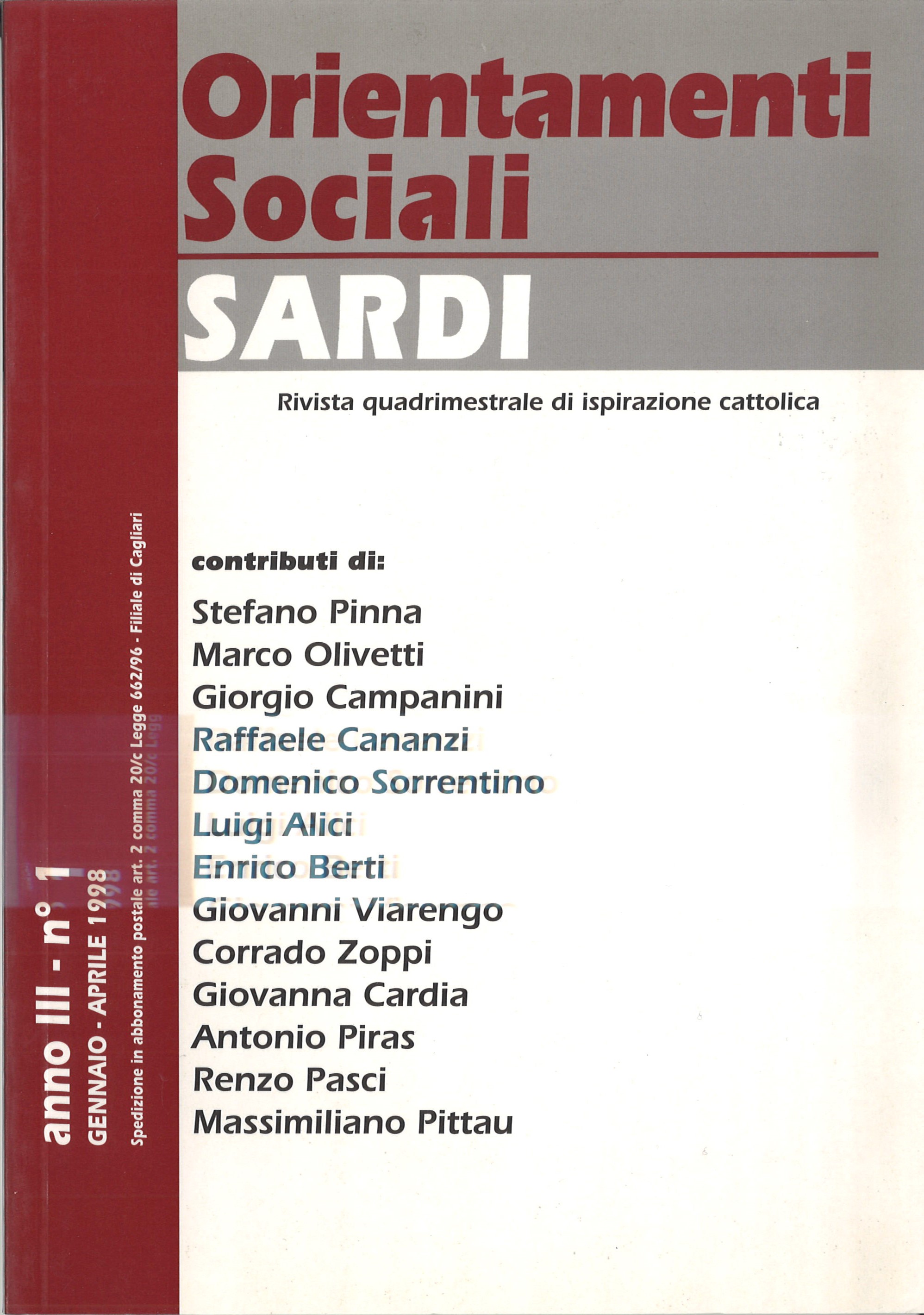 Orientamenti Sociali / Sardi / gennaio – aprile 1998 / anno III – n° 1